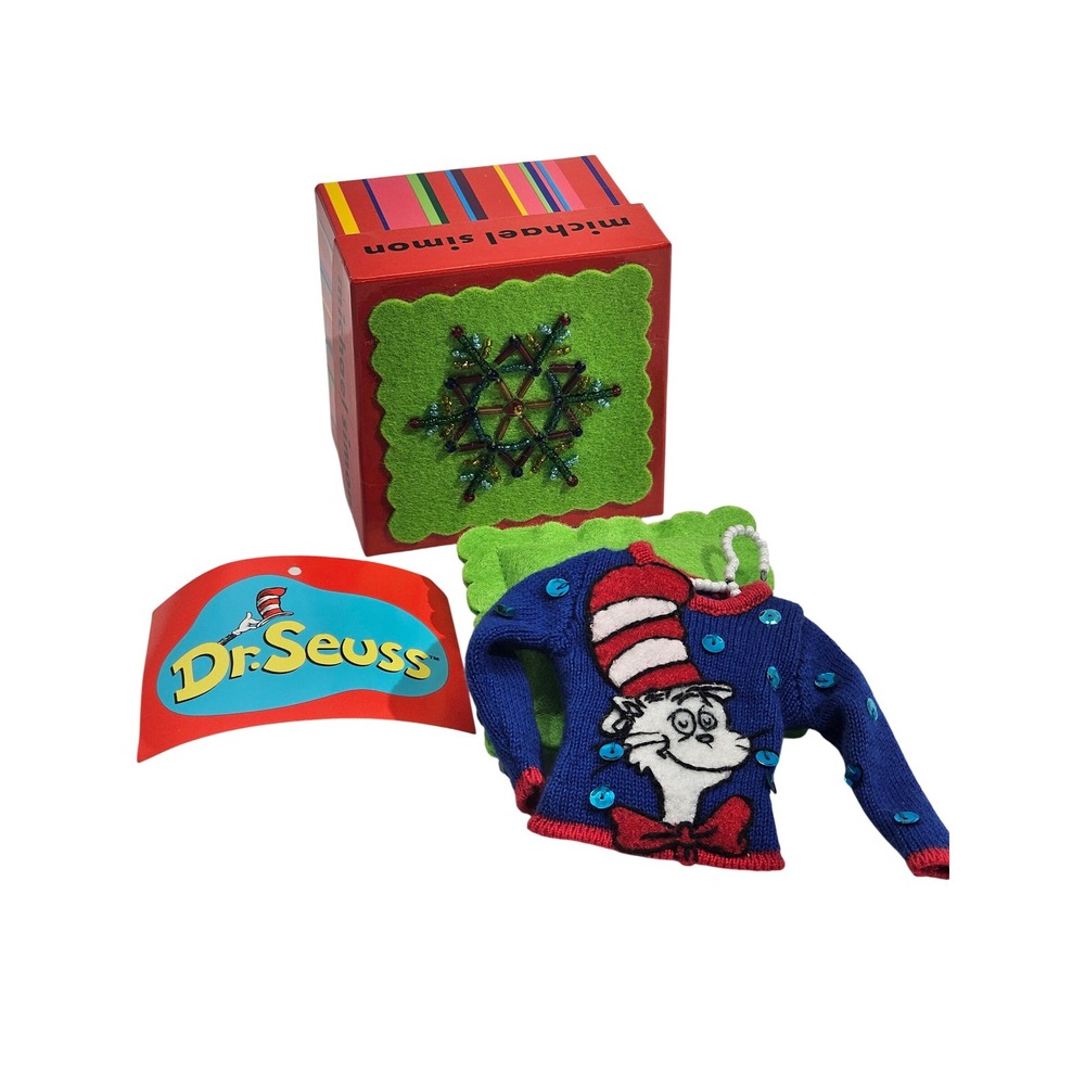 Michael Simon Dr Seuss Cat in the Hat Christmas Ornament Mini Sweater Blue NEW
